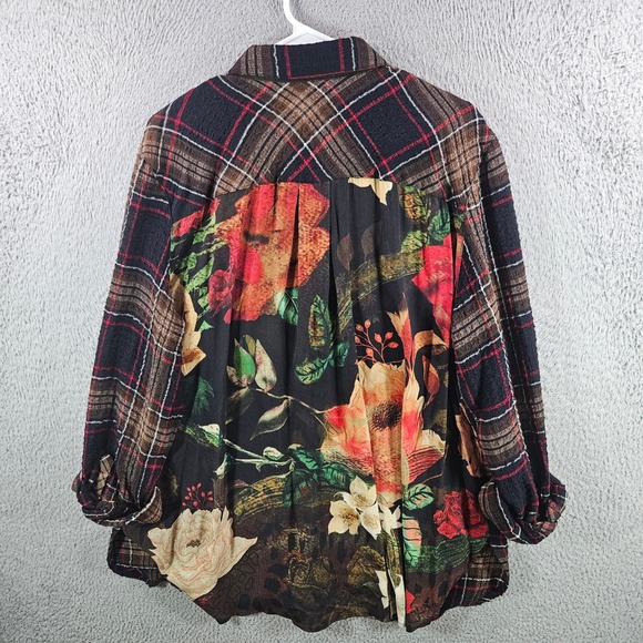 John Mark Tops - John Mark Womens XL Plaid Floral Mixed Media Button Down Shirt Textured Top Brwn